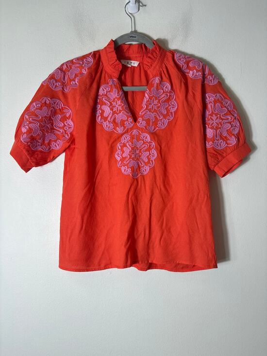 THML Tops - THML Orange With Pink Embroidery Short Sleeve Blouse Sz S